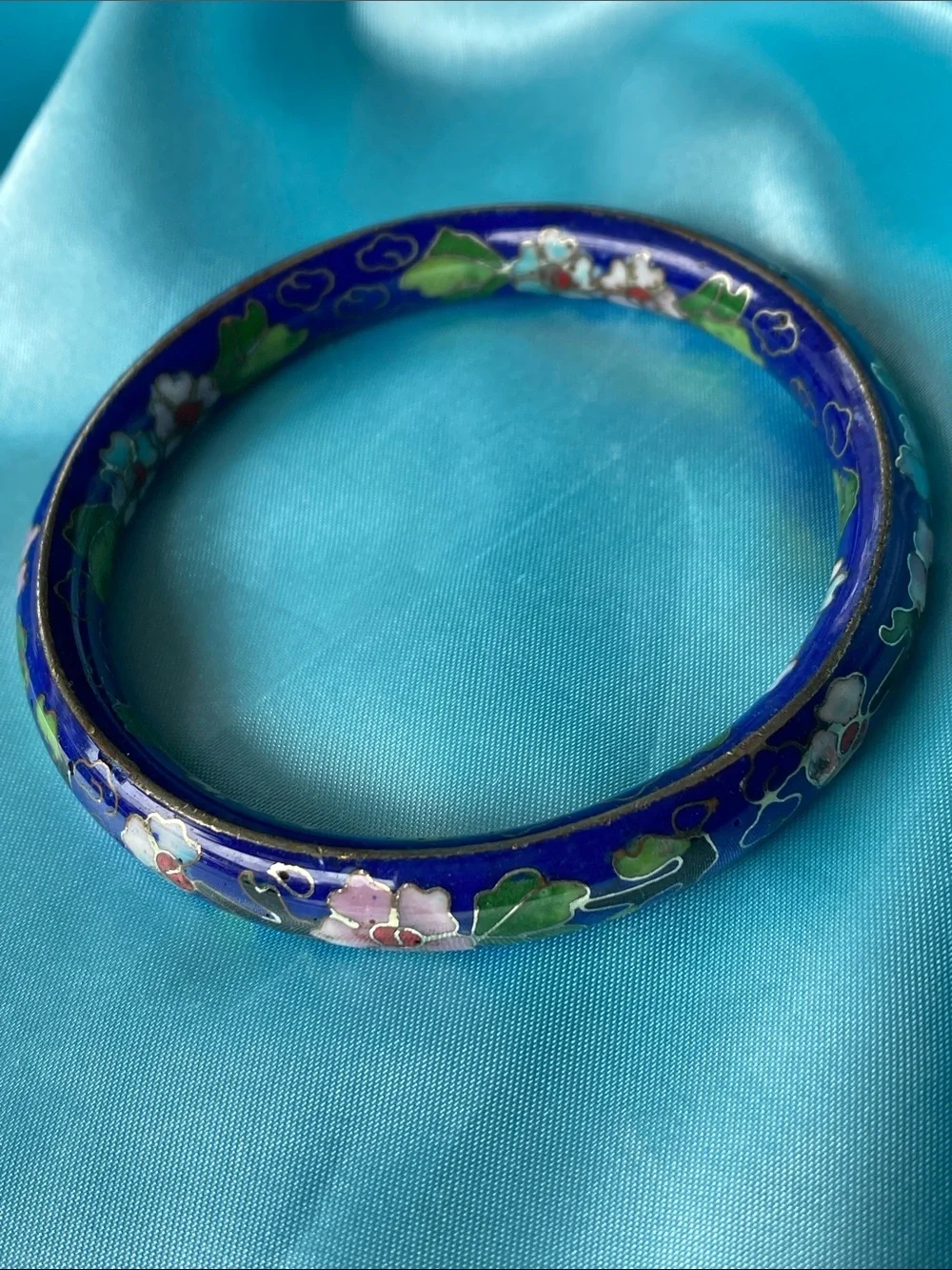 Vintage Blue Floral Cloisonné Bangle Bracelet with Pink Accents